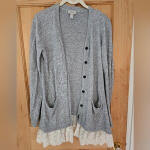 LOGO by Lori Goldstein Heather Gray Lace-Hem Button Cardigan